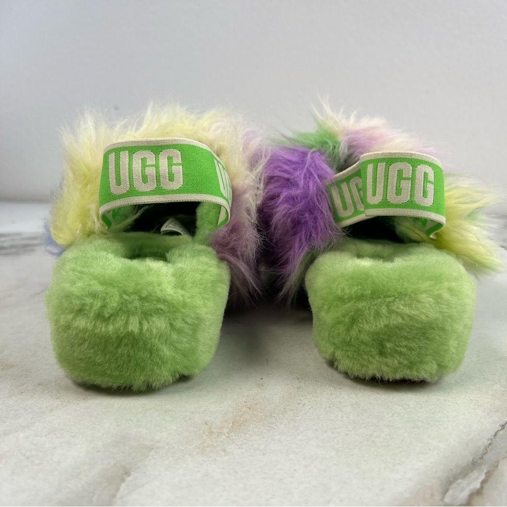 UGG Fluff Yeah Green Tie Dye Faux Fur Sheepskin Slingback Slides Slippers, Sz 6 - Picture 9 of 16